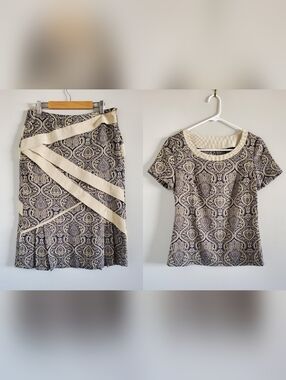 Printed Navy and Cream Patterned Pencil Skirt & Top Set Corduroy Detail Sz S
